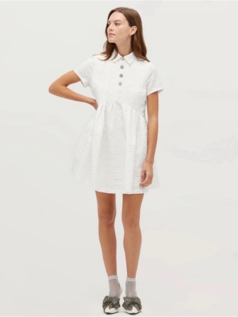 Hill House Mini White Textured Polo Dress with Buttons
